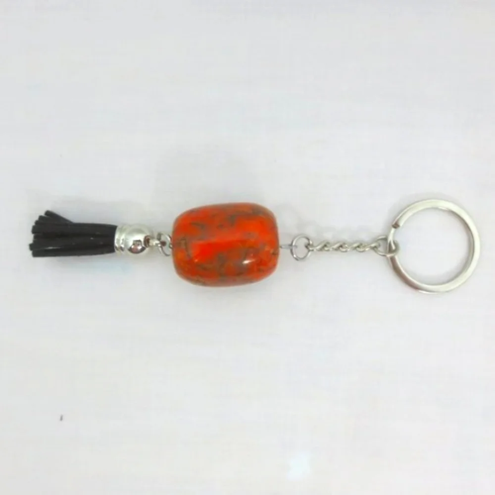 New Handcrafted Keychain Bag Charm Orange Beaded Boho Leather Tassel Swivel Clip